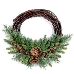 National Tree Company Artificial Christmas Wreath, Green, Grapevine, White Lights, Decorated With Pine Cones, Evergreen Branches Christmas Collection, 16 Inches