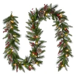 National Tree Company Pre-Lit Artificial Christmas Garland, Green, Snowy Green, White Lights, Decorated With Pine Cones, Berry Clusters, Plug In, Christmas Collection, 6 Feet