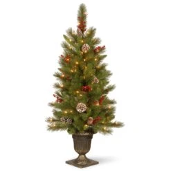 National Tree Company Pre-Lit Artificial Entrance Christmas Tree, Bristle Berry Pine, Green, White Lights, Decorated With Berry Clusters, Pine Cones, Includes Metal Base, 4 Feet