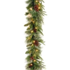 National Tree Company Pre-Lit 'Feel Real' Artificial Christmas Garland, Green, Colonial Fir, Dual Color LED Lights, Decorated With Pine Cones, Plug In, Christmas Collection, 9 Feet