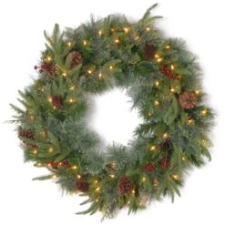 National Tree Company Pre-Lit Artificial Christmas Wreath, Green, Colonial Fir, White Lights, Decorated With Pine Cones, Berry Clusters, Christmas Collection, 24 Inches