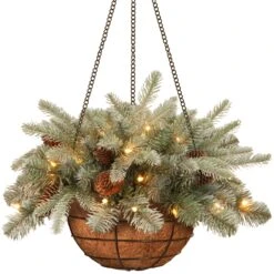 National Tree Company Pre-Lit 'Feel Real' Artificial Christmas Hanging Basket, Arctic Spruce, Decorated With Frosted Pine Cones, White Lights, Christmas Collection, 20 Inches