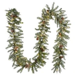 National Tree Company Pre-Lit Artificial Christmas Garland, Green, Morgan Spruce, White Lights, Decorated With Pine Cones, Snowy Branches, Plug In, Christmas Collection, 9 Feet