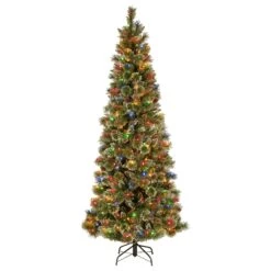 National Tree Company Pre-Lit Artificial Slim Christmas Tree, Glittering Pine, Green, Multicolor Lights, Decorated With Pine Cones, Ball Ornaments, Includes Stand, 7 Feet
