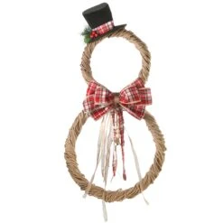 National Tree Company Jute Snowman Holiday Christmas Wall Decor, Rustic, With Red Plaid Ribbons And Beaded Cords, 18 In