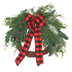 National Tree Company Artificial Mixed Pine And Bow Christmas Wreath, Evergreen Branch Tips And Leafy Greens Decorated With Petite Pinecones, Red & Black Plaid Bow, 22 In