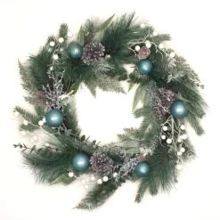 National Tree Company Artificial Decorated Evergreen Christmas Wreath, With Berry Clusters, Silver Pinecones, And Leafy Greens, 24 In