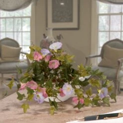 National Tree Company Artificial Hanging Pot Decoration, White Pot Base, Decorated With Assorted Flower Blooms, Leafy Greens, Includes Metal Hanging Loop, Spring Collection, 9 Inches -National Tree Company RAS 167LR 1 2