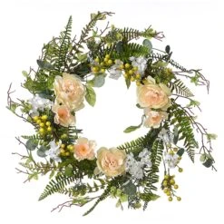 National Tree Company Artificial Hanging Wreath, Woven Branch Base, Decorated Pink And White Flower Blooms, Yellow Berry Clusters, Fern Fronds, Spring Collection, 20 Inches