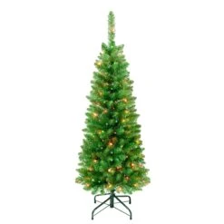 National Tree Company First Traditions Pre-Lit Rowan Pencil Slim Christmas Tree, Multicolor Incandescent Lights, Plug In, 4.5 Ft