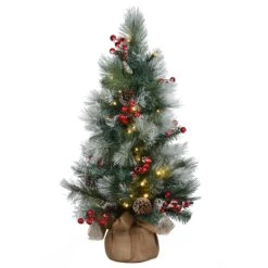National Tree Company Pre-Lit Artificial Christmas Tree, Green, Snowy Glacier Pine, White LED Lights, Decorated With Pine Cones, Includes Cloth Bag Base, Battery Operated, 3 Feet