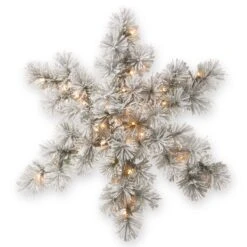 National Tree Company Pre-Lit Artificial Christmas Hanging Snowflake, Green, Snowy Bristle Pine, Decorated With Frosted Branches, Christmas Collection, 32 Inches