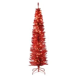 National Tree Company Pre-Lit Artificial Christmas Tree, Red Tinsel, White Lights, Includes Stand, 6 Feet