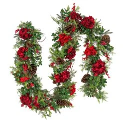 National Tree Company Pre Lit Artificial Garland, Vienna Waltz, Green, Decorated With Red Flower Blooms, Pine Cones, Berry Clusters, Warm White LED Lights, Battery Powered, Christmas Collection, 9 Feet