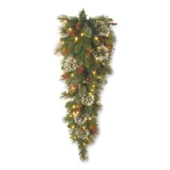 National Tree Company Pre-Lit Artificial Christmas Teardrop, Green, Wintry Pine, White Lights, Decorated With Pine Cones, Berry Clusters, Frosted Branches, Christmas Collection, 36 Inches