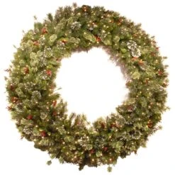 Pre-Lit Artificial Christmas Wreath, Green, Wintry Pine, White Lights, Decorated With Pine Cones, Berry Clusters, Frosted Branches, Christmas Collection, 60 Inches