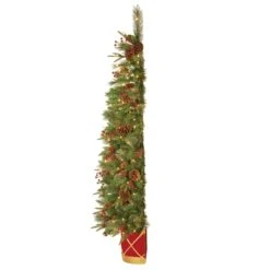 Pre-Lit Artificial Entrance Christmas Tree, Colonial Fir, Green, White Lights, Decorated With Flowers, Includes Metal Base, 6 Feet -National Tree Company half tree