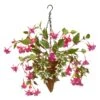 National Tree Company Artificial Hanging Cone Basket, Wicker Base, Decorated With Purple Flowers, Ivy, Spring Collection, 15 Inches