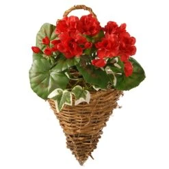 National Tree Company Artificial Wall Cone Basket, Wicker Base, Decorated With Red Geranium Flowers, Ivy, Spring Collection, 11 Inches