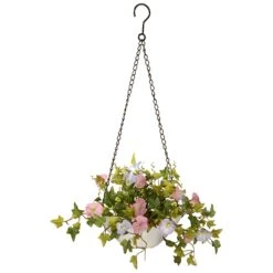 National Tree Company Artificial Hanging Pot Decoration, White Pot Base, Decorated With Assorted Flower Blooms, Leafy Greens, Includes Metal Hanging Loop, Spring Collection, 9 Inches