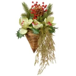 National Tree Company Artificial Hanging Cone Basket, Wicker Base, Decorated With Green Flowers, Ivy, Berry Clusters, Pine Cones, Spring Collection, 11 Inches