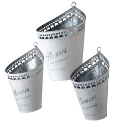 National Tree Company Garden Flower Planters, Pack Of 3 White Tin 'Flower' Pots, Features Hanging Loops, Spring Collection, Varying Sizes
