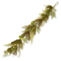 National Tree Company Artificial Hanging Garland, Green, Woven Branch Base, Decorated With Fern Leaves, Lavender, Leafy Greens, Spring Collection, 45 Inches