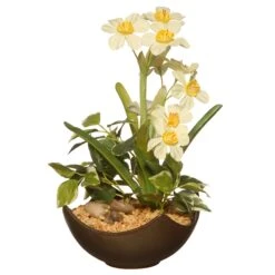 National Tree Company Artificial Potted Plant, Decorated With Narcissus Flower Blooms, Flowing Green Stems, Includes Stylish Brown Ceramic Pot Base, Spring Collection, 9 Inches