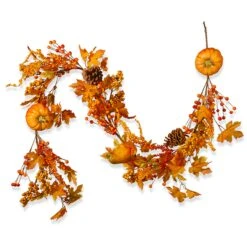 Artificial Autumn Garland, Made With Pumpkins, Pinecones, Berry Clusters, Maple Leaves, Autumn Collection, 6 Ft
