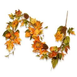 Artificial Autumn Garland, Green And Orange, Made With Sunflowers, Pinecones, Berry Clusters, Maple Leaves, Autumn Collection, 6 Ft