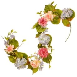 National Tree Company Artificial Hanging Garland, Vine Stem Base, Decorated With Multicolor Hydrangea, Rose And Dahlia Blooms, Berry Clusters, Leafy Greens, Spring Collection, 70 Inches