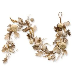 Artificial Autumn Garland, White, Made With Pumpkins, Gourds, Maple Leaves, Pinecones, Berry Clusters, Autumn Collection, 6 Ft