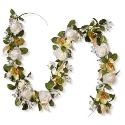 National Tree Company Artificial Hanging Garland, Vine Stem Base, Decorated With Roses, Lilies, Berry Clusters, Leafy Greens, Spring Collection, 6 Feet