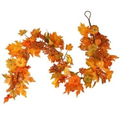 Artificial Autumn Garland, Orange, Made With Pumpkins, Gourds, Maple Leaves, Berry Clusters, Autumn Collection, 5.8 Ft
