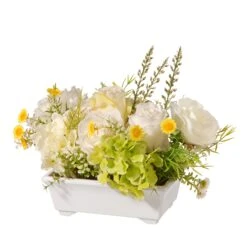 National Tree Company Artificial Potted Flowers, White Hyndrangeas And Roses, Decorated With Leafy Greens, Includes White Pot Base, Spring Collection, 7 Inches