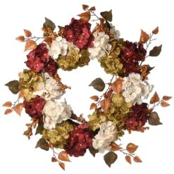 Artificial Autumn Wreath, Decorated With Pinecones, Berry Clusters, Hydrangeas, Leafy Branches, Autumn Collection, 24 In