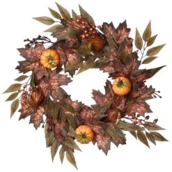 National Tree Company Artificial Autumn Wreath, Decorated With Pumpkins, Berry Clusters, Ivy, Maple Leaves, Autumn Collection, 24 In