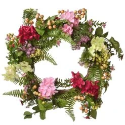 National Tree Company Artificial Hanging Wreath, Woven Branch Base, Red, Pink And Yellow Hydrangea Blooms, Berry Clusters, Wild Flowers, Fern Fronds, Spring Colelction, 22 Inches