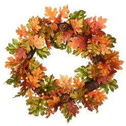 Artificial Autumn Wreath, Decorated With Pinecones, Berry Clusters, Oak Leaves, Autumn Collection, 24 In
