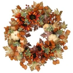 National Tree Company Artificial Autumn Wreath, Decorated With Pumpkins, Sunflowers, Berry Clusters, Assorted Leaves, Autumn Collection, 24 In