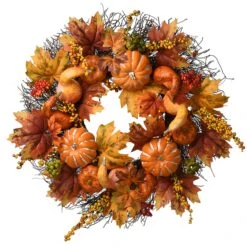 National Tree Company Artificial Autumn Wreath, Decorated With Pumpkins, Gourds, Berry Clusters, Maple Leaves, Autumn Collection, 22 In