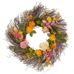 National Tree Company Artificial Hanging Wreath, Woven Branch Base, Decorated With Flower Blooms, Berry Clusters, Leaves, Spring Collection, 24 Inches