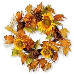 National Tree Company Artificial Autumn Wreath, Decorated With Sunflowers, Pinecones, Berry Clusters, Corncobs, Maple Leaves, Autumn Collection, 24 In