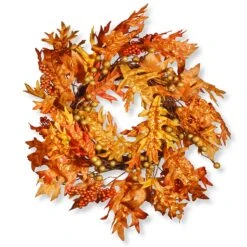 Artificial Autumn Wreath, Decorated With Maple Leaves, Berry Clusters, Autumn Collection, 24 In