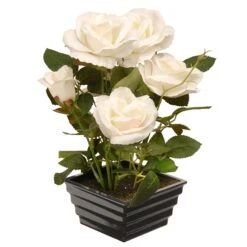 National Tree Company Artificial Potted Flowers, White Roses, Includes Black Base, Spring Collection, 11 Inches