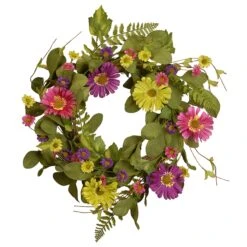 National Tree Company Artificial Hanging Wreath, Woven Branch Base, Decorated With Dasiy Blooms, Leafy Greens, Spring Collection, 22 Inches