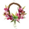 National Tree Company Artificial Hanging Wreath, Woven Branch Base, Decorated With Pink And Purple Tulip Blooms, Green Ribbon, Leafy Greens, Spring Collection, 20 Inches