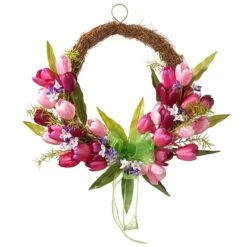 National Tree Company Artificial Hanging Wreath, Woven Branch Base, Decorated With Pink And Purple Tulip Blooms, Green Ribbon, Leafy Greens, Spring Collection, 20 Inches