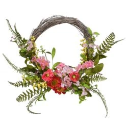 National Tree Company Artificial Hanging Wreath, Woven Branch Base, Decorated Red And Pink Flower Blooms, Yellow Berry Clusters, Fern Fronds, Spring Collection, 20 Inches