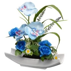 National Tree Company Artificial Potted Flowers, White Orchid, Decorated With Blue Roses, Leafy Greens, Includes White Base, Spring Collection, 15 Inches